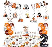 kreat4joy Born 2 Ball Birthday Decoration, Sports Theme Banner Garland Cake Cupcake Topper Table Cloth Foil Balloon for Basketball Football Soccer Baseball Born Two Ball 2nd Birthday Decoration