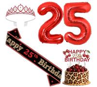 kreat4joy Cherry Cheetah Print 25th Birthday Decorations Accessories Include Cake Topper Sash Crown Foil Balloon for Girl’s 25th Cherry Leopard Woodland Zoo Wild Animal Print Birthday Decoration