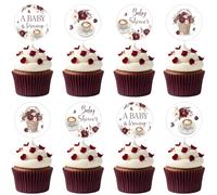 kreat4joy Coffee Baby Shower Decoration, 36pcs A Baby is Brewing Decoration Cupcake Topper Double-Sided Printing Pre-Assemble Burgundy Red Flowers for Coffee Gender Reveal Party Supplies