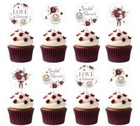 kreat4joy Coffee Bridal Shower Decoration, 36pcs Love is Brewing Decoration Cupcake Topper Double-Sided Printing Pre-Assemble Burgundy Red Flowers for Coffee Bridal Shower Party Supplies