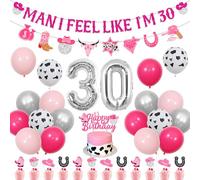 kreat4joy Disco Cowgirl 30th Birthday Decorations, Man I Feel Like I’m 30 Banner, Garland, Cake & Cupcake Toppers, Number 30 Foil Balloon, Latex Balloons in Pink & Cowgirl Pattern