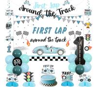 kreat4joy Fast One Birthday Decoration First Lap Around The Track Backdrop Banner Hanging Swirl Cake Topper Honeycomb Centerpiece Foil Latex Balloon Blue for Race Car 1st First Birthday Decoration
