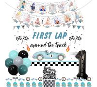 kreat4joy First Lap Around the Track Birthday Decorations, Fast One 1st Birthday Decorations for Boy, Backdrop Photo Banner Cake Topper Number 1 Foil Balloons for Race Car 1st Party Decorations