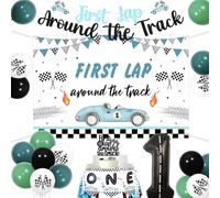 kreat4joy First Lap Around The Track Birthday Decorations, First Lap Around The Track Backdrop Banner Cake Topper One High Chair Banner 1 Foil Balloon for Boys Race Car 1st Birthday Party Decorations
