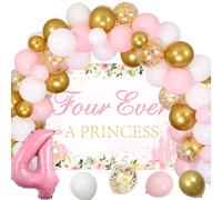 kreat4joy Four Ever a Princess Birthday Decorations, Princess 4th Birthday Party Decorations, Backdrop Pink Gold White Balloons Arch Number 4 Foil Balloons for 4 Year Old Girl Birthday