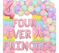 kreat4joy Four Ever a Princess Birthday Decorations, Princess 4th Birthday Party Decorations, Pastel Balloons Arch Number 4 Foil Balloons Fringe Curtain for 4 Years Old Girl Birthday