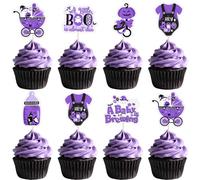 kreat4joy Halloween Baby Shower Decoration, 36pcs A Little Boo is Almost Due Decoration Cupcake Topper Purple Double-Sided Printing for Halloween Theme A Baby is Brewing Gender Reveal Party Supplies