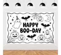 kreat4joy Halloween Birthday Decoration Backdrop 5 * 3ft Black White Happy Boo Day Decoration Ghost Theme Party Banner Spooky Cute Backdrop for Indoor Outdoor Celebration Photo Booth Wall Decor