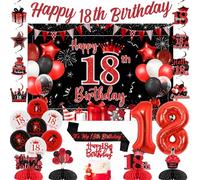kreat4joy Happy 18th Birthday Decoration Backdrop Banner Cake Topper Sash Hanging Swirl Honeycomb Centerpiece Latex Foil Balloon Red Black for Boy Girl Him Her I’m 18 Anniversary Birthday Decoration