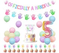 kreat4joy Hi Five Birthday Party Decoration Girl, Officially a Handful 5th Birthday Decoration Handprint Pastel Banner Garland Cake Cupcake Topper Latex Balloon for High Five 5th Birthday Decoration