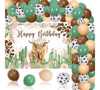 kreat4joy Highland Cow Birthday Party Decorations Backdrop, Sage Green Brown Balloon Arch, Cactus Holy Cow Boho Flower Farm Print Photography Background for Highland Cow Birthday Party