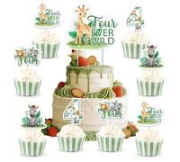 kreat4joy Jungle Safari Theme 4th Birthday Party Decoration, 25pcs Four Ever Wild Birthday Decoration Cake Cupcake Topper Double-Sided Printing for Boy Girl Forest Wild Animal 4 Years Old Party