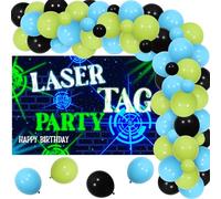 kreat4joy Laser Tag Birthday Decorations, Laser Tag Party Favors, Blue Green Black Balloon Arch with Laser Tag Birthday Backdrop for Boy Game Birthday Party Decorations
