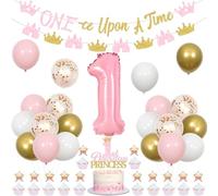 kreat4joy Little Princess 1st Birthday Decorations Girl, Once Upon a Time Decorations Banner, Pink White Gold Balloons Princess Crown Castle Banner Garland Cake Cupcake Toppers Number 1 Foil Balloon