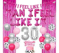 kreat4joy Man i Feel Like Im 30 Decorations, Disco Cowgirl Decorations 30th Birthday, Hot Pink Silver Cow Print Balloons Banner Cake Topper Fringe Curtain Backdrop for Western 30th Birthday