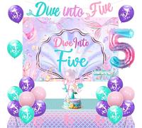 kreat4joy Mermaid 5th Birthday Decors Girl, Dive Into Five Party Decorations Backdrop Banner Mermaid Table Cloth Cover Cake Topper Number 5 Foil Balloons for Girls 5 Year Old Birthday Party