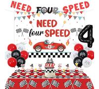 kreat4joy Need Four Speed Birthday Decorations Race Car Theme Backdrop Banner Cake Cupcake Topper Table Cloth Latex Balloon Red Black for Fast Four Retro Vintage Race Car 4th Birthday Decoration