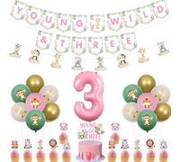kreat4joy Pink Safari Jungle Animal 3rd Birthday Decorations, Young Wild and Three Banner Cake Cupcake Topper Wild Animal Garland Sage Green Pink Gold 3 Foil Balloon for Birthday