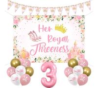 kreat4joy Princess 3rd Birthday Party Decorations, Her Royal Threeness Backdrop Bunting Banner Pink White Castle Balloons Number 3 Foil Balloon for 3 Years Old Girl Birthday Party Supplies