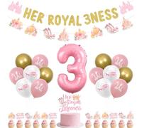 kreat4joy Princess 3rd Birthday Party Decorations, Her Royal Threeness Banner Garland Cake Cupcake Toppers Pink White Castle Balloons Number 3 Foil Balloon for 3 Years Old Girl Birthday Party Supplies