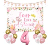 kreat4joy Princess 4th Birthday Party Decorations, Four Ever A Princess Backdrop Birthday Bunting Banner Pink White Castle Balloons Number 4 Foil Balloon for 4 Years Old Party Supplies