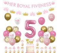 kreat4joy Princess 5th Birthday Decorations Girl, Her Royal Fiveness Birthday Decorations Banner Cake Cupcake Toppers, Pink White Gold Balloons Crown Castle Banner Garland Number 5 Foil Balloon