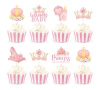 kreat4joy Princess Baby Shower Decoration, 36pcs A Little Princess is on Her Way Cupcake Topper Double-Sided Printing 6 Types Pink for Girl Welcome Baby Gender Reveal Party Decoration