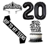 kreat4joy Rip to My Teens Birthday Decoration Accessories Include Rip to My Teen Years Cake Topper Sash Crown Foil Balloon for Girl’s 20th Gothic Kissing My Teens Goodbye Hello Twenties Birthday