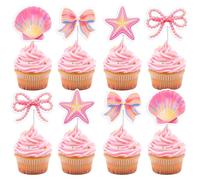 kreat4joy Seashell Birthday Party Decoration Pink, 36pcs Bow Seashell Theme Cupcake Topper Double-Sided Printing Pre-Assemble for Girl Woman Under the Sea Beach Coastal Mermaid Baby Shower Decoration