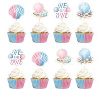 kreat4joy Seashell Gender Reveal Decoration, 24pcs He or She We Shell See Cupcake Topper Double-Sided Printing Pre-Assemble 4 Types for Summer Ocean Mermaid Marine Baby Shower Decoration