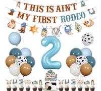 kreat4joy This Aint My First Rodeo Its My Second Decorations, Western Cowboy 2nd Birthday Decorations Banner Cake Cupcake Toppers, Blue Cow Print Number 2 Foil Balloons for Boy 2 Year Old Birthday