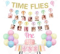 kreat4joy Time Flies 1st Birthday Decorations, Hot Air Balloon First Birthday Decorations Photo Banner Cake Topper Balloons High chair for One Year Old Girl Birthday Decorations