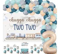 kreat4joy Train 2nd Birthday Decoration, Chugga Chugga Two Two Decorations Backdrop Cake Cupcake Topper Card Foil Latex Balloon Garland Arch Kit for Retro Train 2nd Birthday Decoration