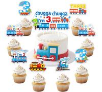 kreat4joy Train 3rd Birthday Decoration, 25pcs Choo Choo I’m Three Cake Topper Chugga Chugga Cupcake Topper Red Blue Double-Sided Printing for Boy Retro Train Theme 3rd Birthday Decoration