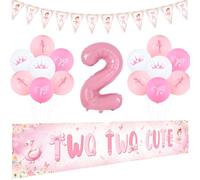 kreat4joy Tutu Cute Birthday Decorations, Two Two Cute Backdrop Large Yard Banner Ballerina Banner Balloons Pink 2 Foil Balloon for Ballet Dancing Girls 2nd Birthday Party