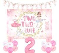 kreat4joy Tutu Cute Birthday Decorations, Two Two Cute Birthday Backdrop Ballerina Birthday Banner Balloons Pink Number 2 Foil Balloon for Ballet Dancing Girls Two Cute 2nd Birthday Decorations