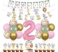 kreat4joy Two Wild Birthday Decorations Girl, Jungle Safari Animal 2nd Birthday Party Decorations Balloons Banner Garland Cake Cupcake Toppers Number 2 Foil Balloon for 2 Year Old Girl Party