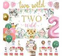 kreat4joy Two Wild Birthday Decorations Girl, Pink Safari Jungle Animal 2nd Birthday Decorations Wild Two Backdrop Banner Cake Cupcake Toppers Sage Green Pink 2 Foil Balloon for Girls 2nd Birthday