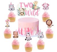 kreat4joy Two Wild Birthday Decorations, Pink Safari 2nd Birthday Two Wild Cake Topper 24pcs Jungle Safari Animal Cupcake Toppers for Girls 2 Years Old Birthday Party Supplies