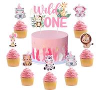 kreat4joy Wild One 1st Birthday Decorations for Girls, Wild One Birthday Cake Topper 24pcs Jungle Safari Animal Cupcake Toppers for One Year Old Girls Pink Safari First Birthday Party Supplies