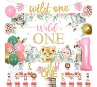 kreat4joy Wild One Birthday Decorations Girl, Jungle Animal 1st Birthday Party Wild One Backdrop Banner Cake Cupcake Topper Sage Green Pink 1 Foil Balloon for Girls Pink Safari 1st Birthday Party