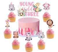 kreat4joy Young Wild and Three Cake Decorations, Pink Safari 3rd Birthday Young Wild and Three Cake Topper 24pcs Jungle Safari Animal Cupcake Toppers for Girls 3 Years Old Birthday Party Supplies
