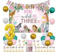 kreat4joy Young Wild And Three Decorations Girl, Cheetah Jungle Safari Theme 3rd Birthday Decorations, Balloons Backdrop Happy Birthday Banner Animal Cupcake Cake Toppers Leopard Number 3 Foil Balloon