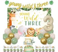 kreat4joy Young Wild And Three Decorations, Jungle Safari 3rd Birthday Decorations Backdrop Banner Jungle Animal Cake Cupcake Toppers Number 3 Foil Balloon for Boys 3rd Birthday Decor