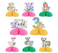 kreat4joy Young Wild and Three Party Decoration Girl, 8pcs Jungle Safari Animal 3rd Birthday Decoration Honeycomb Centerpiece Double-Sided Printing for Tropical Forest Animal 3 Year Old Supplies