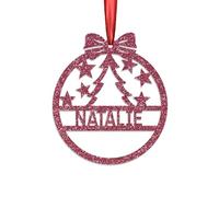 KreateSquare Personalised Christmas Bauble, 950 GSM Double-Sided Glitter Xmas Tree Decoration, Custom Name Baubles, Red & White Christmas Decorations Ornaments (Cerise, Xmas Tree)
