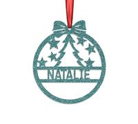 KreateSquare Personalised Christmas Bauble, 950 GSM Double-Sided Glitter Xmas Tree Decoration, Custom Name Baubles, Red & White Christmas Decorations Ornaments (Turquoise, Xmas Tree)