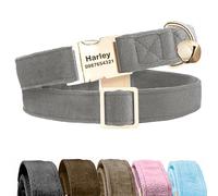 KreateSquare Personalised Dog Collar with Name - Custom Engraved Velvet Pet Collar With Bell, Adjustable Collar for Puppy, Small, Medium, Large Dogs, Dachshund, French Bulldog (Grey, Medium)