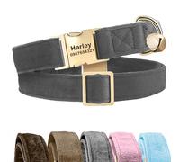 KreateSquare Personalised Dog Collar with Name - Custom Engraved Velvet Pet Collar With Bell, Adjustable Collar for Puppy, Small, Medium, Large Dogs, Dachshund, French Bulldog (Dark Grey, Large)