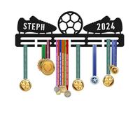 KreateSquare Personalised Football Medal Hanger | Custom 2-Row Medal Display Rack with Name & Year | Sturdy 3mm Acrylic Medal Holder | Ideal Wall & Bedroom Decoration (Black)